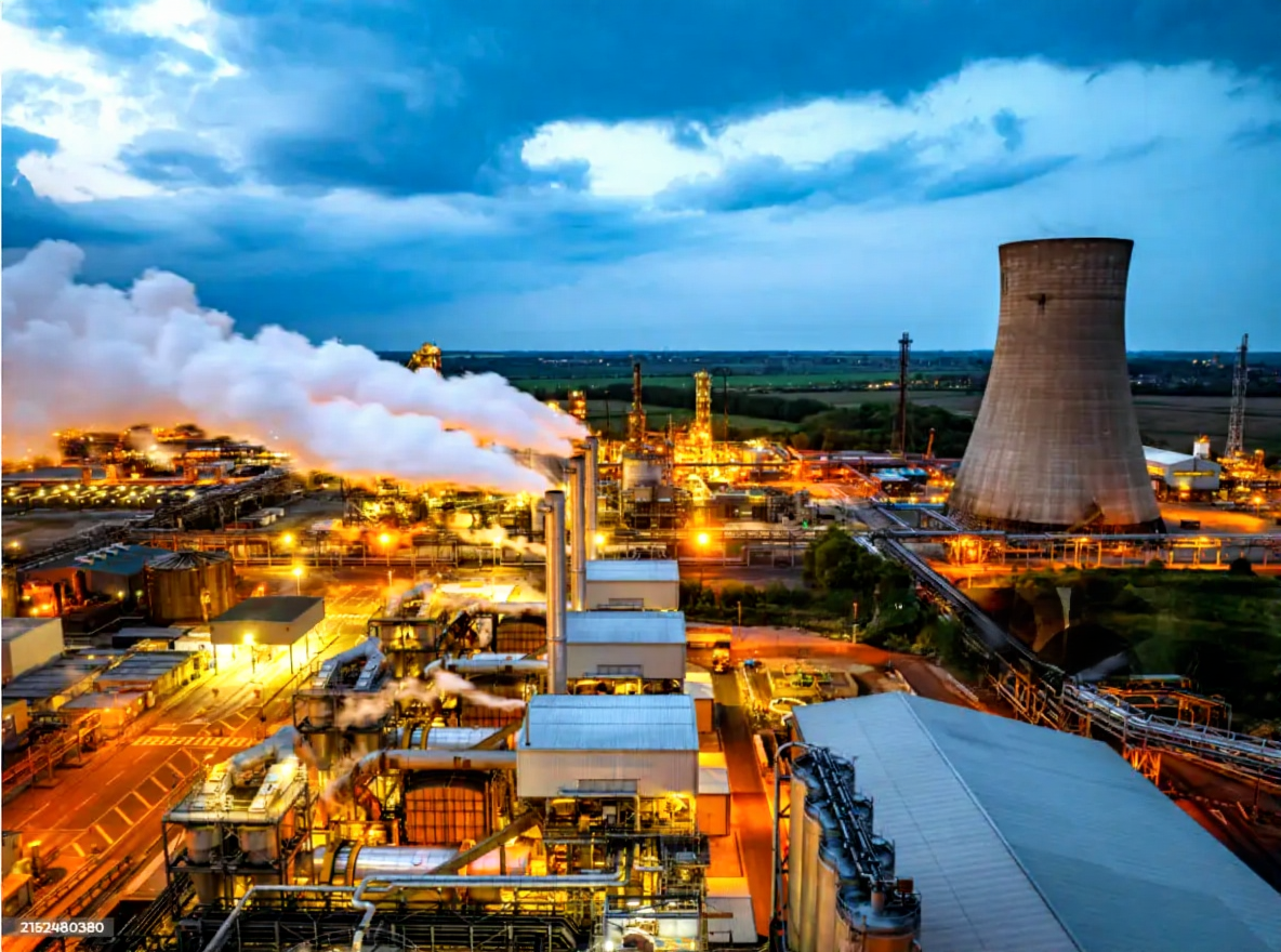 Control room consoles and instrumentation under blue light